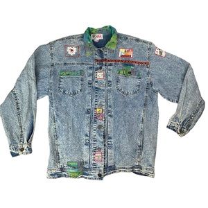 Vintage Denim Patch Jacket Large Acid Wash Grunge Crocky River King